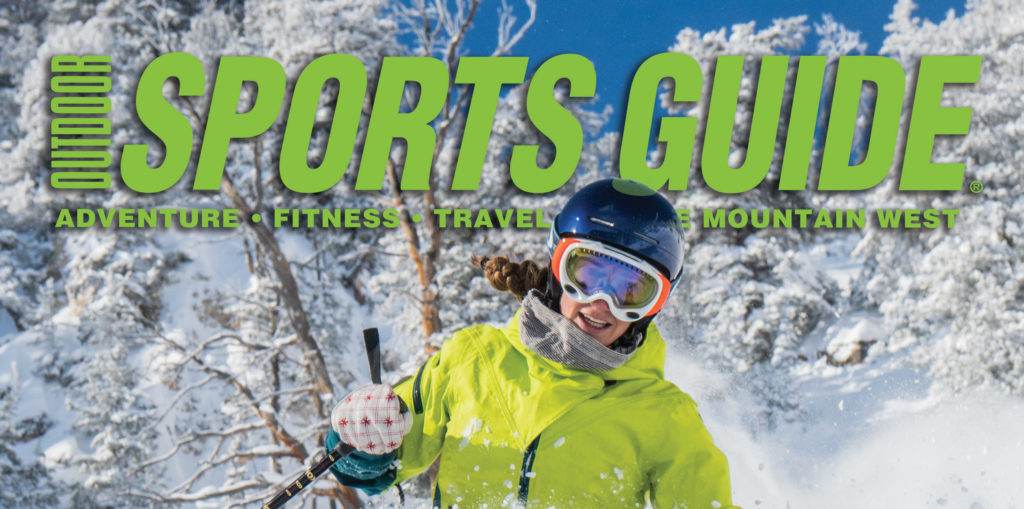 Banner of Woman skier with Outdoor Sports Guide masthead behind